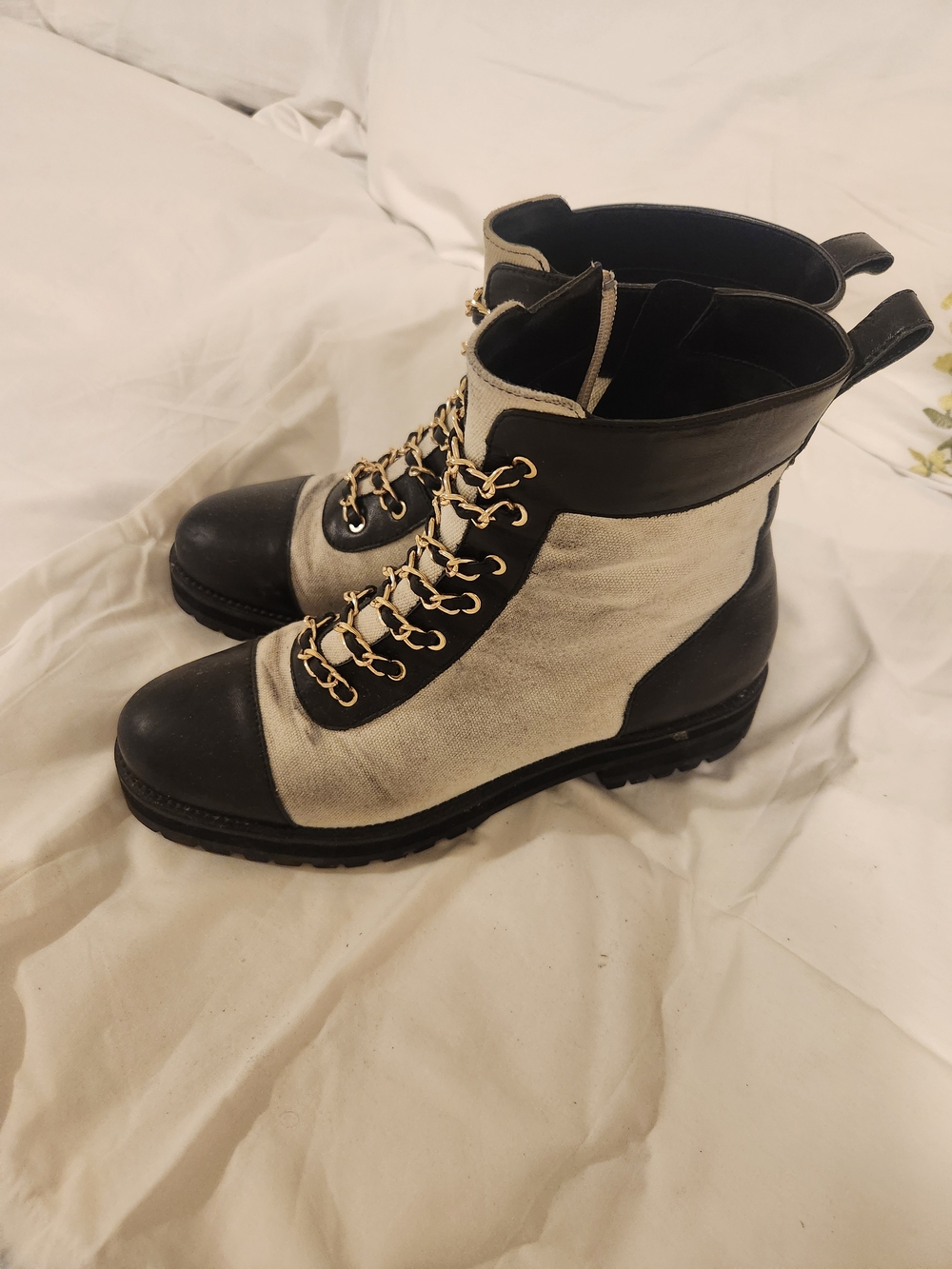 Italian Shoemakers Black and Cream Lace-Up Combat Boots